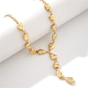 Gold Baroque Teardrop Lariat Necklace Geometric Vintage Style Pendant